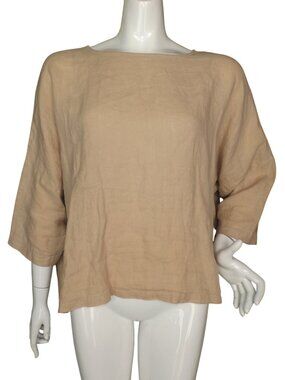 BLACK CRANE Linen Tunic, L, Boatneck, Cinch Back, Unstructured, Beige, 3/4 Slvs